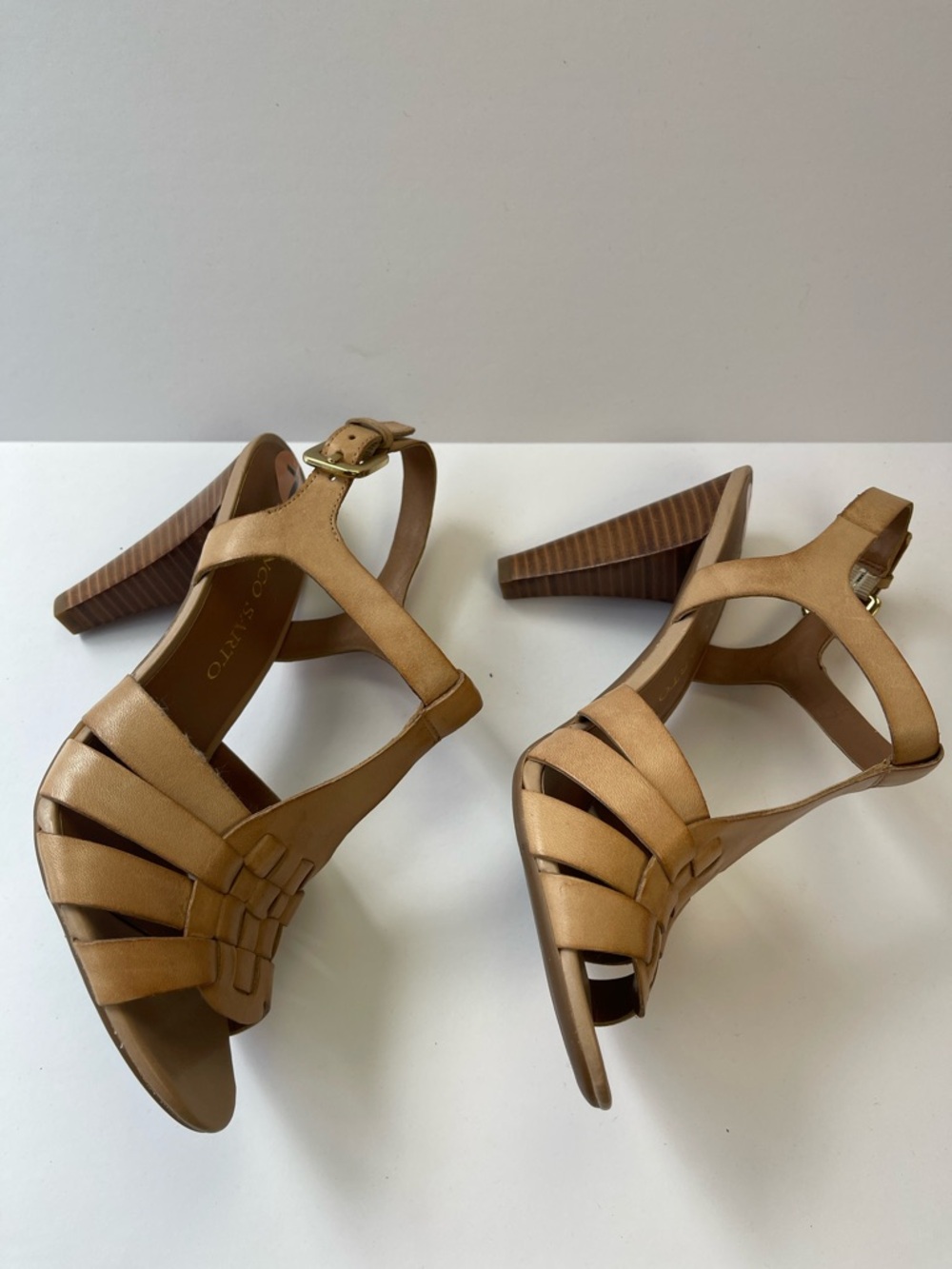 FRANCO SARTO TAN LEATHER WOVEN T-STRAP STACKED HEEL SANDALS - Picture 5 of 9